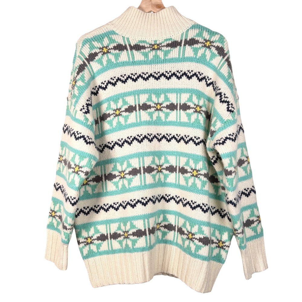 American Eagle‎ Oversized Fair Isle Mock Neck Sweater Cream Teal Yellow XS cozy